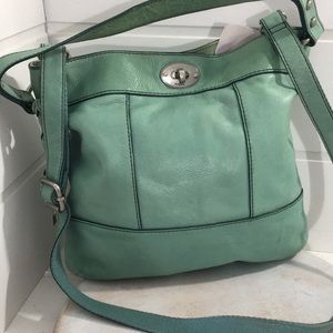 Vintage Fossils large sea foam green leather shoulder bag